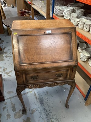 Lot 1018 - Good quality burr walnut veneered bureau with drawer below on cabriole legs, 57.5cm wide, 42cm deep, 95cm high