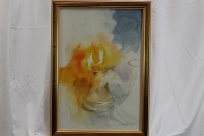 Lot 1807 - Lesley Fotherby (b.1946) watercolour - Whitechapel Bell Foundry, together with another watercolour and cut paper picture - Horns and Ribbons, both in glazed gilt frames