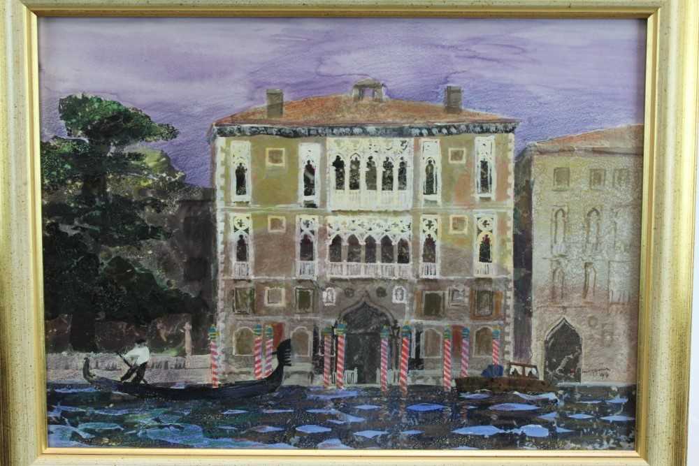 Lot 1764 - *Glyn Morgan (1926-2015) mixed media and collage - The Cavalli Franchetti 
Palace, Venice, signed and dated ‘99, in glazed gilt frame