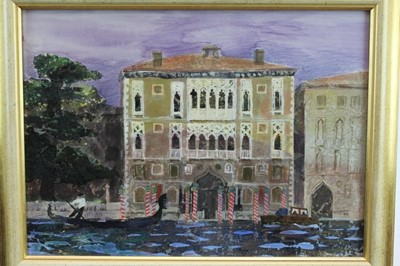 Lot 1764 - *Glyn Morgan (1926-2015) mixed media and collage - The Cavalli Franchetti 
Palace, Venice, signed and dated ‘99, in glazed gilt frame