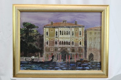 Lot 1764 - *Glyn Morgan (1926-2015) mixed media and collage - The Cavalli Franchetti 
Palace, Venice, signed and dated ‘99, in glazed gilt frame