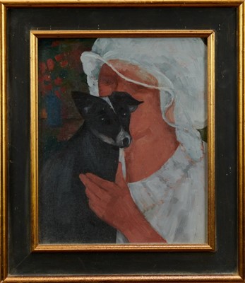 Lot 1756 - Duffy Ayers (1915-2017) oil on board - Girl with Dog, framed 
Provenance: Langham Fine Art