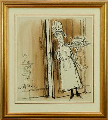 Lot 1844 - *Ronald Searle (1920-2011) pen, ink and monochrome watercolour – Imaginary Portraits: Ivy Compton-Burnett, signed, in glazed gilt frame 
Provenance: Chris Beetles Ltd., London