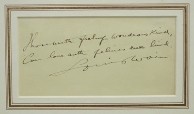 Lot 1816 - Louis Wain (1860-1939) pen and ink page from an autograph book, inscribed 'Those with feelings wondrous kind, can love with felines ever kind'