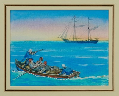 Lot 1144 - Michael Foreman (b. 1938) pencil and watercolour - 'The Squire raised his Gun, Treasure Island, in glazed gilt frame 
Provenance:  Chris Beetles Ltd, London