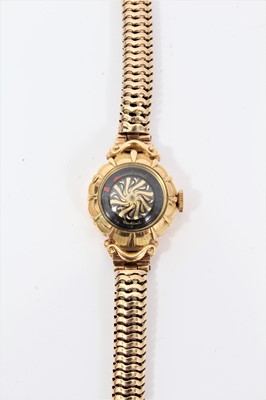 Lot 1996 - 1950s/1960s ladies Ernest Borel gold cocktail wristwatch with ‘mystery’ dial in 18ct gold case on 9ct yellow gold snake link bracelet, length 18cm.