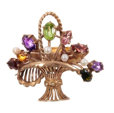 Lot 1979 - Gold and gem-set ‘Gardenia’ ring with a stylised basket of flowers, on a plain gold shank. Finger size approximately N.
