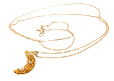 Lot 1984 - 18ct gold and diamond crescent moon pendant with yellow gold wire crescent applied with diamond-set star, heart and circle, together with a 9ct yellow gold chain.