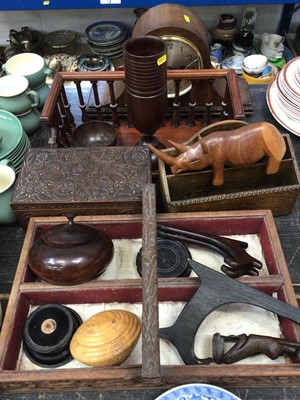 Lot 195 - Various wooden items, including turned vessels, carved cutlery tray, figures, mantel clock, etc