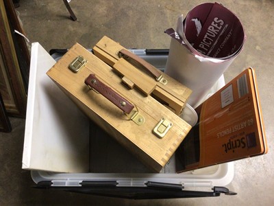 Lot 214 - Box of art supplies, including travelling easels and paints