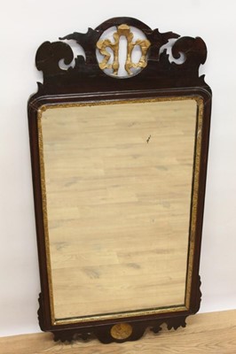 Lot 1494 - George II style fret carved mahogany wall mirror, rectangular shaped plate in gilt slip and fret frame with shell shaped pierced fret sting, 96 x 47cm