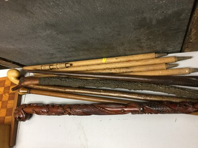 Lot 332 - 19th century brass coal bin together with a Japanese Jardinere, copper kettle, bellows and group of walking sticks