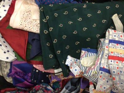 Lot 2110 - One box of vintage accessories including scarves, silk squares, black lace shawls, gloves, Chinese brocade panel etc