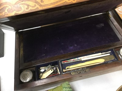 Lot 336 - Victorian Burr Walnut and and Rosewood writing slope, brass preserve pan, model yacht and tapestry tea cosy