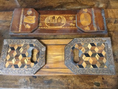 Lot 231 - 19th century Killarney inlaid book rest, together with a Tunbridgeware book rest. (2)