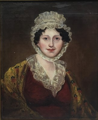 Lot 65 - Victorian School, oil on canvas laid down onto board,, half length portrait of a lady in lace bonnet