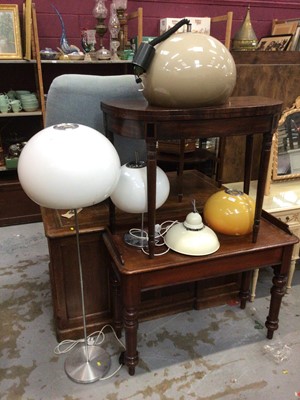 Lot 239 - Vintage lighting, four with plastic shades and one enamel, including a floor lamp,, table lamp and three ceiling lights