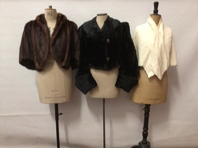 Lot 2090 - Selection of fur items including Victorian cropped evening jacket, 1940’s Fox fur cropped jacket, similar mink jacket  and black ostrich feather evening wrap  and a cream plush capelet.
