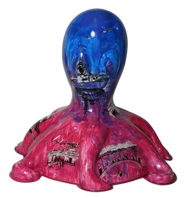 Lot 5 - Ellie by Lois Cordelia – Blue and pink blended 'wash' background, ink drawings of iconic Harwich landmarks