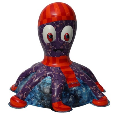Lot 9 - Octo-brrr! by Amy Bourbon – Purple octopus character on blue base with woolly hat, scarf and gloves