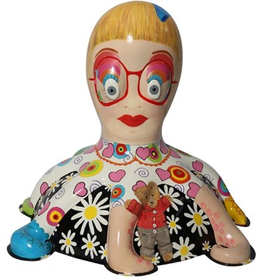 Lot 19 - Claire Loves Alan by Traci Moss – Cheerful Grayson Perry-inspired character with patterns, cat and teddy bear