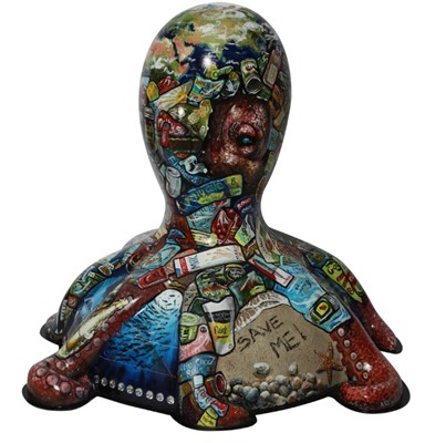 Lot 20 - Save Me! by Alison Burchert – Hyperrealistic, partially hidden octopus under plastic litter motif with underwater and beach imagery