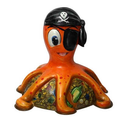Lot 22 - Octopirate by Deven Bhurke – Jolly, orange pirate character with bandana and eyepatch, on a base of found treasures
