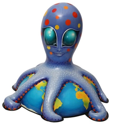 Lot 23 - Alien by Sue Guthrie – Friendly alien octopus character, with purple skin and spots, on planet Earth base