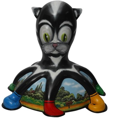 Lot 27 - Octopuss in Boots by Mik Richardson – Panto-inspired cat character with ears and colourful boots on base depicting country scenes