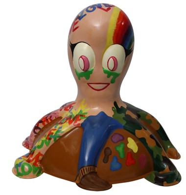 Lot 28 - Octavious by Alana Fensom – Pink octopus character with rainbow, army camo and paintbrush motifs with graffiti-style text