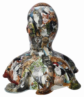 Lot 30 - Facebook Felines by Alison Burchert – Hyperrealistic cat portraits, with their names, covering entirety of sculpture