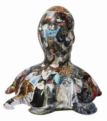 Lot 30 - Facebook Felines by Alison Burchert – Hyperrealistic cat portraits, with their names, covering entirety of sculpture