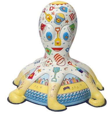 Lot 32 - Eight of Spades by Helen L Smith – Colourful seaside-inspired design, with buckets, spades, beach huts and water droplets