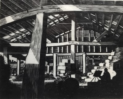 Lot 72 - B Woodcock, wood engraving, The barn at Stratford St Mary, together with four various pictures