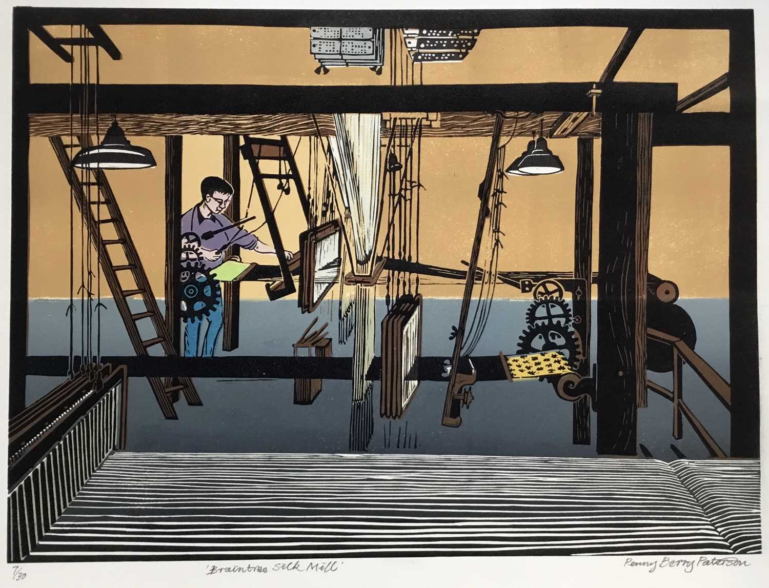 Lot 167 - Penny Berry Paterson (1941-2021) colour linocut print, Braintree silk mill, signed and numbered 7/30, 39 x 52