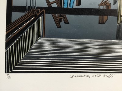 Lot 167 - Penny Berry Paterson (1941-2021) colour linocut print, Braintree silk mill, signed and numbered 7/30, 39 x 52