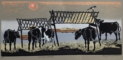Lot 168 - Penny Berry Paterson (1941-2021) colour linocut print, Winter Food III, signed and numbered A/P, image 51 x 23cm