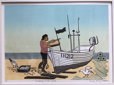 Lot 170 - Penny Berry Paterson (1941-2021) colour linocut print, Dropping in for lunch, signed and numbered 2/12, 26 x 36cm, with mount