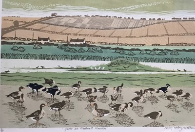 Lot 175 - Penny Berry Paterson (1941-2021) colour linocut print, Geese at Titchwall Marshes, signed and numbered 2/13, 23 x 48cm
