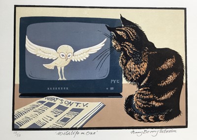 Lot 179 - Penny Berry Paterson (1941-2021) colour linocut print, Wildlife on One, signed and numbered 12/12, 19 x 27cm