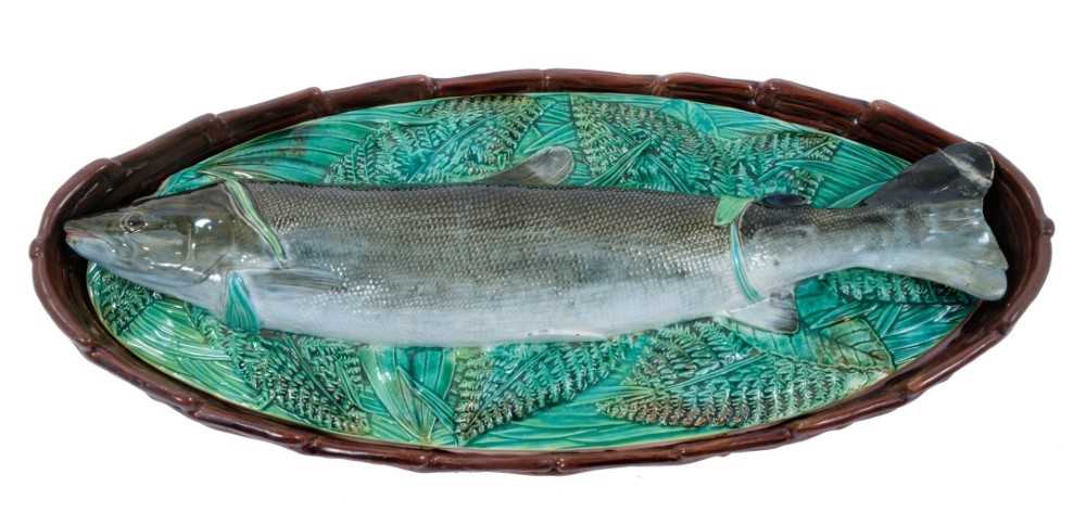 Lot 34 - Victorian George Jones majolica Trout dish and cover