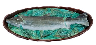 Lot 34 - Victorian George Jones majolica Trout dish and cover