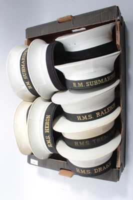 Lot 731 - Collection of 9 Royal Navy Ratings caps, some with named tallies to include HMS Drake, HMS Raleigh, HMS Heron and others
