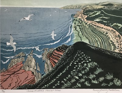Lot 192 - Penny Berry Paterson (1941-2021) colour linocut print, James Hutton's Siccar Point, signed and numbered 8/10, 29 x 33cm