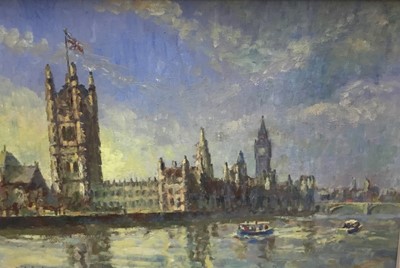 Lot 12 - Charles Brooker (20th century) oil on board - Houses of Parliament from the Thames