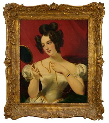 Lot 1272 - Claude Marie Dubufe (1790-1864) oil on canvas - portrait of a lady with a looking glass, 72cm x 59cm, in gilt frame