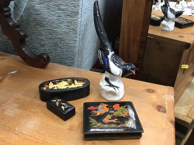 Lot 50 - Russian lacquer boxes, Russian porcelain magpie figure
