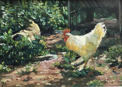 Lot 21 - Margaret Glass (b. 1950)  oil on board - The White Cockerel