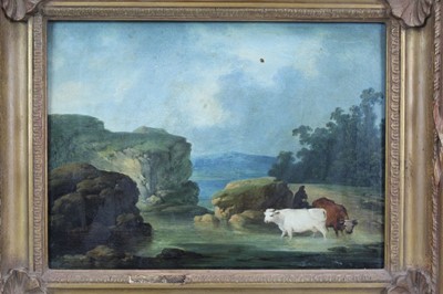 Lot 1283 - Attributed to Julius Caesar Ibbetson (1759-1817) oil on panel - cattle watering with resting herdsman, 22cm x 30cm, in gilt frame