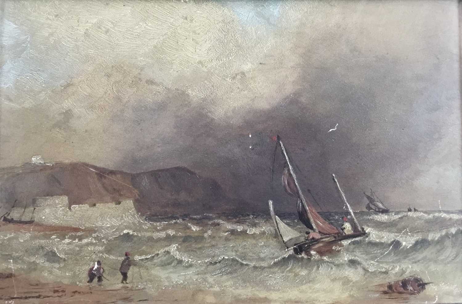 Lot 192 - Henry L. Bright (19th century) oil on board, coastal view with sailing vessels